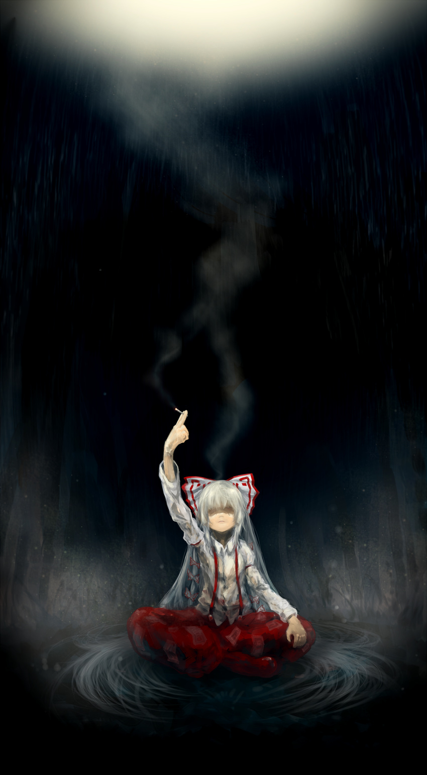 arm_up bow cigarette dark expressionless forest fujiwara_no_mokou hair_bow hair_over_eyes highres indian_style long_hair long_sleeves mimit nature pants puffy_sleeves rain shaded_face shoes silver_hair sitting smoke smoking solo suspenders touhou very_long_hair