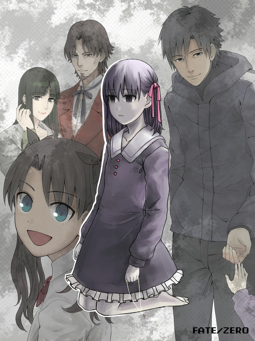 3girls absurdres black_hair blue_eyes brown_hair child empty_eyes facial_hair family fate/zero fate_(series) father_and_daughter goatee hair_ribbon highres hood hoodie jinglehero long_hair matou_kariya matou_sakura mother_and_daughter multiple_boys multiple_girls purple_eyes purple_hair ribbon short_hair siblings sisters toosaka_aoi toosaka_rin toosaka_tokiomi twintails younger