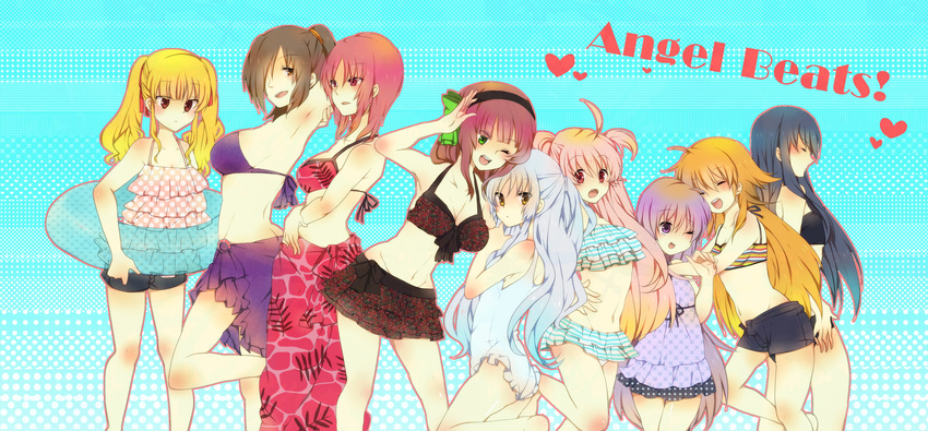 angel_beats! armpits bare_shoulders bikini blonde_hair blue_hair brown_eyes brown_hair casual_one-piece_swimsuit closed_eyes fang frilled_bikini frills green_eyes heart highres hisako_(angel_beats!) innertube irie_(angel_beats!) iwasawa juri_(nattoutomato) multiple_girls navel one-piece_swimsuit one_eye_closed open_mouth pink_eyes pink_hair print_sarong purple_eyes purple_hair purple_sarong red_sarong sarong sekine shiina_(angel_beats!) shorts silver_hair swimsuit tenshi_(angel_beats!) yui_(angel_beats!) yuri_(angel_beats!) yusa_(angel_beats!)