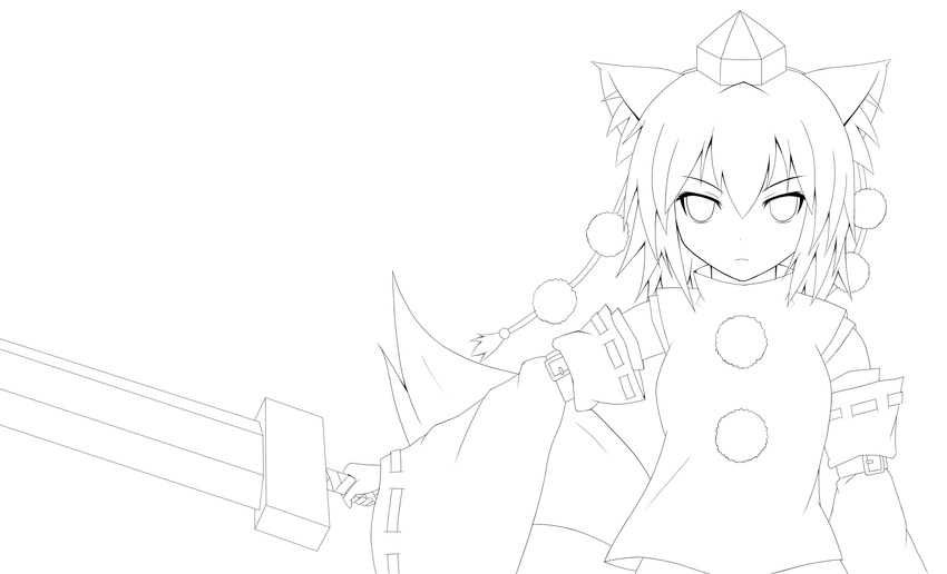 absurdres animal_ears baia detached_sleeves greyscale hat highres inubashiri_momiji lineart looking_at_viewer monochrome solo sword tail tokin_hat touhou transparent_background weapon wolf_ears wolf_tail