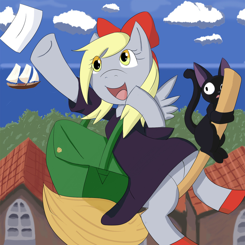ambiguous_gender anthro black_fur bow broom cat crossover derpy derpy_hooves_(mlp) equine feline female feral friendship_is_magic fur gigi_(kiki's_delivery_service) horse jiji_(kds) kiki kiki's_delivery_service magic_user mail mammal my_little_pony ocean pegasus pony sea ship water whiskers wings witch