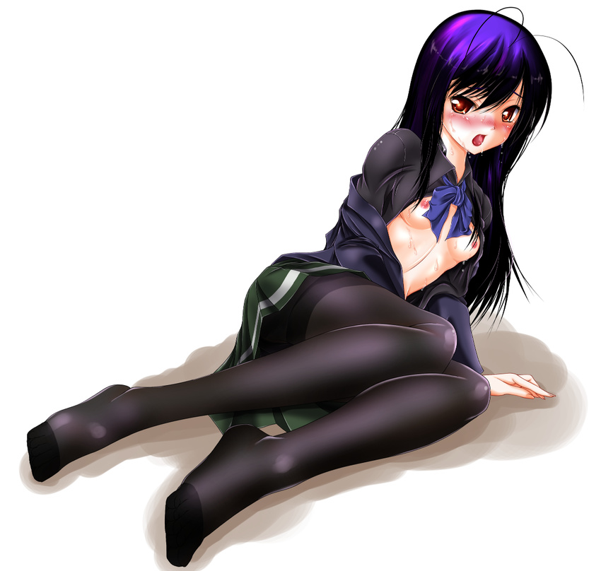 accel_world antenna_hair bad_id bad_pixiv_id blush bow breasts kuroyukihime long_hair looking_at_viewer lying nipples no_bra no_shoes on_side open_clothes open_mouth open_shirt pantyhose purple_hair sakurajousui_neko saliva school_uniform shirt skirt small_breasts solo sweat tears umesato_middle_school_uniform white_background