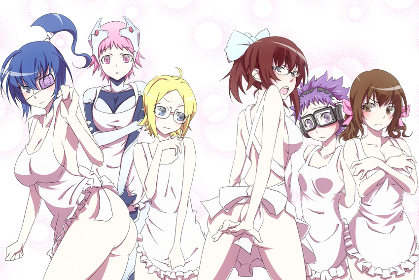 6+girls ahoge apron ass black_hair blonde_hair blue_eyes blue_hair breasts brown_hair cleavage eye_patch eyepatch glasses hair_ribbon headphones kibougaoka_suishou kikaijima_mogana kikitsu_kiki long_hair medaka_box multiple_girls naked_apron pink_eyes pink_hair ribbon school_uniform short_hair takarabe_ima touryou uniform wanizuka_shori yojirou_tsugiha