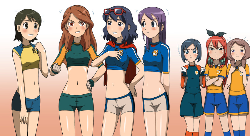 blue_eyes blue_hair blush braid brown_hair eyewear_on_head glasses green_eyes hair_ribbon highres inazuma_eleven inazuma_eleven_(series) inazuma_eleven_go inazuma_japan kakkii kino_aki kudou_fuyuka lightning_bolt long_hair midriff multiple_girls older open_mouth otonashi_haruna purple_eyes purple_hair raglan_sleeves raimon raimon_natsumi raimon_soccer_uniform red_hair ribbon seto_midori short_hair shorts smile soccer_uniform sorano_aoi sportswear twin_braids yamana_akane