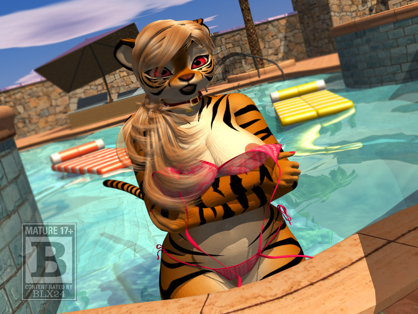 anna bikini blonde_hair blx24 breasts carrara cleavage clothed clothing feline female hair mammal nipples pool red_eyes skimpy swimsuit tiger wardrobe_malfunction