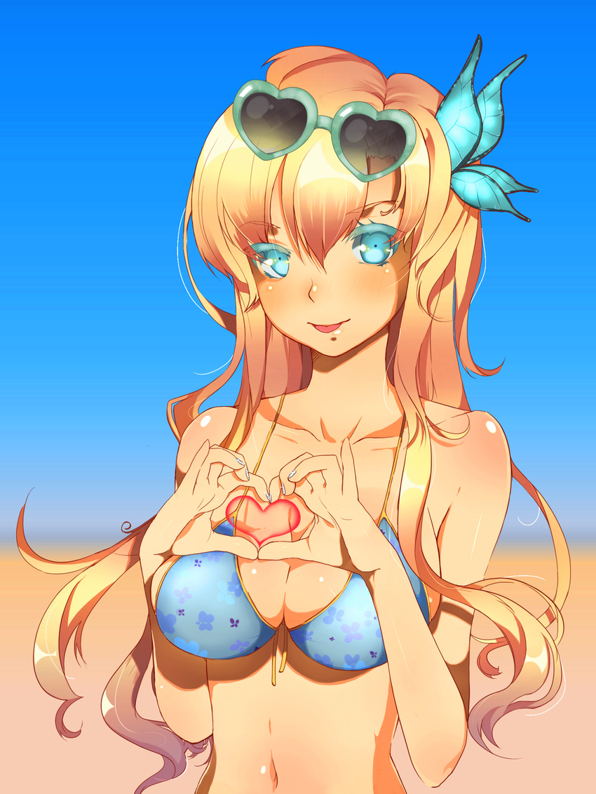 :p aqua_eyes bare_shoulders bikini_top blonde_hair boku_wa_tomodachi_ga_sukunai breasts bug butterfly butterfly_hair_ornament cleavage collarbone eyewear_on_head hair_ornament heart heart_hands highres insect kashiwazaki_sena large_breasts long_hair rakkou smile solo sunglasses tongue tongue_out