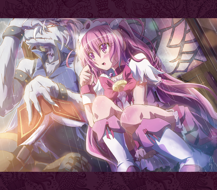 1girl blue_eyes blush book boots bow choker cure_happy eyelashes fang highres hoshizora_miyuki inoshishi_(ikatomo) knee_boots letterboxed long_hair magical_girl pink_bow pink_choker pink_eyes pink_hair precure rain smile_precure! squatting tiara twintails werewolf white_hair wolfrun