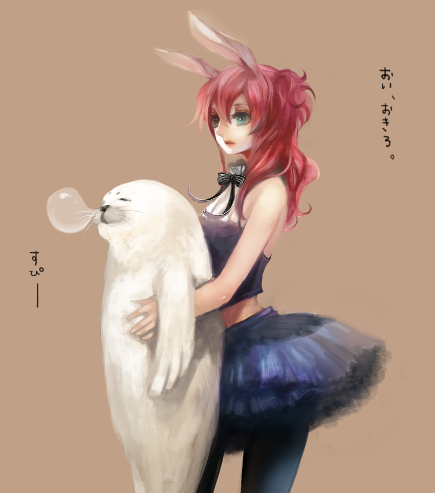 animal_ears aqua_eyes bare_shoulders bow bowtie brown_background bunny_ears halter_top halterneck highres holding lips midriff nicole_pmonachi nose_bubble original pantyhose red_hair seal simple_background skirt sleeping sleeveless standing text_focus two_side_up