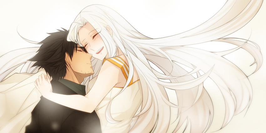 1girl black_hair couple dress emiya_kiritsugu facial_hair fate/zero fate_(series) hetero highres hug husband_and_wife irisviel_von_einzbern long_hair makaron611 stubble white_hair