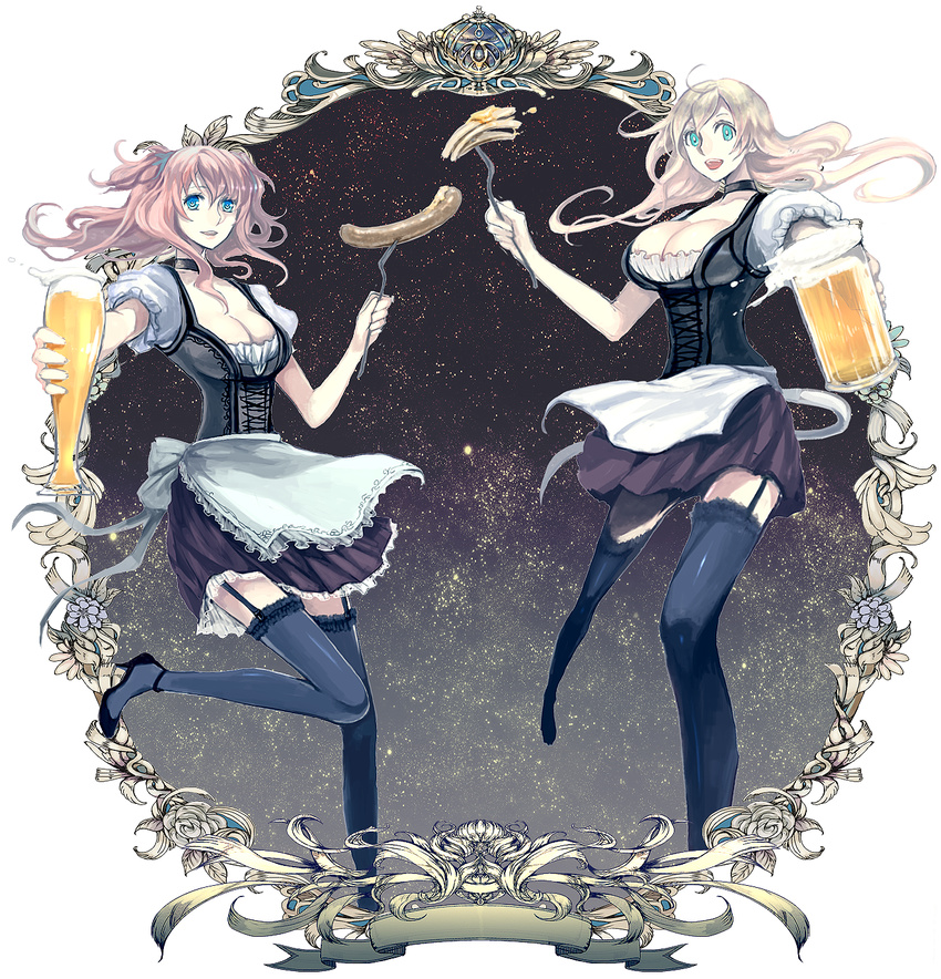 alcohol barmaid beer beer_mug blonde_hair blue_eyes breasts choker cleavage cup dirndl food garter_straps german_clothes green_eyes highres holding holding_cup long_hair medium_breasts multiple_girls nicole_pmonachi oktoberfest pixiv_army red_hair sausage skirt thighhighs