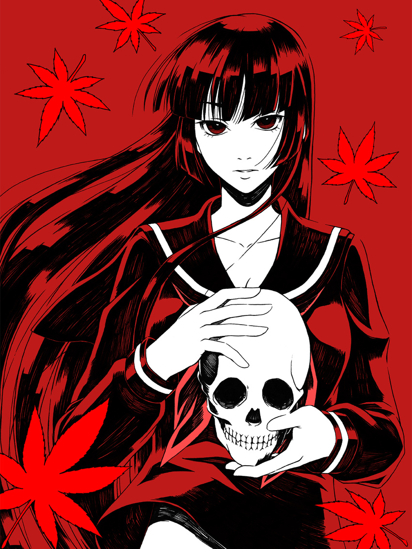 black_hair copyright_name ghost highres hime_cut kanoe_yuuko kazuki_seihou leaf long_hair monochrome red red_eyes school_uniform skull smile solo tasogare_otome_x_amnesia