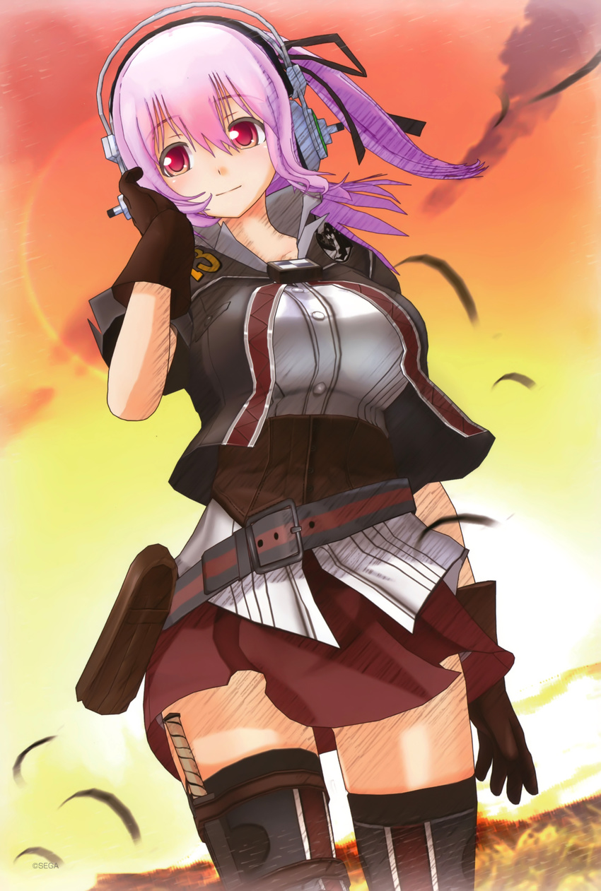 absurdres belt breasts cosplay gloves hair_ribbon headphones highres insignia knife large_breasts military military_uniform miniskirt nitroplus official_art pink_eyes pink_hair ribbon riela_marcellis riela_marcellis_(cosplay) senjou_no_valkyria senjou_no_valkyria_3 side_ponytail skirt solo sunset super_sonico thigh_strap thighhighs tsuji_santa uniform weapon zettai_ryouiki