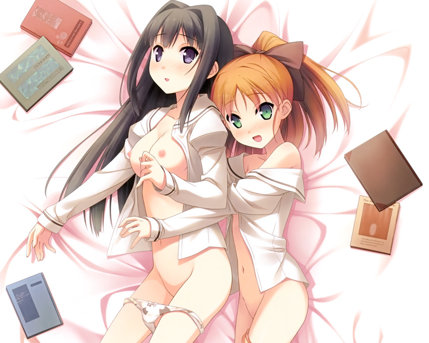 2girls ayase_sayuki bed book breasts cube kantoku minagawa_yuuhi nipples no_bra open_shirt panties panty_pull underwear your_diary