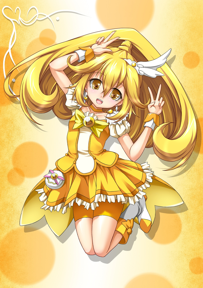 bike_shorts blonde_hair bow choker cure_peace double_v hair_flaps highres kise_yayoi long_hair magical_girl ponytail precure roura shorts shorts_under_skirt skirt smile_precure! solo v yellow yellow_background yellow_bow yellow_choker yellow_eyes yellow_shorts yellow_skirt