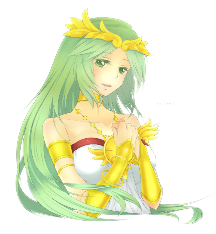 blush character_name choker crown gauntlets gold green_eyes green_hair hands_on_own_chest highres jewelry kid_icarus kid_icarus_uprising long_hair mone_a necklace palutena solo typo