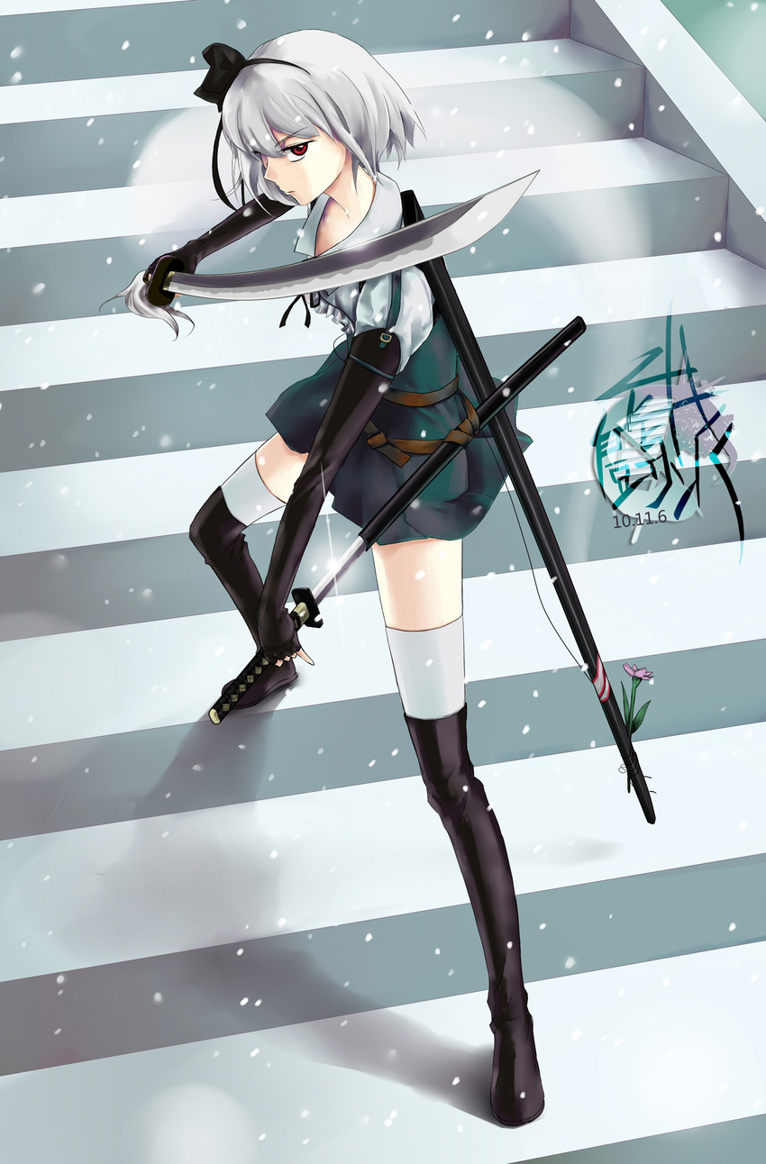 black_hairband boots dual_wielding ghost gloves goocn hairband highres holding katana konpaku_youmu konpaku_youmu_(ghost) legs looking_at_viewer sheath short_hair silver_hair solo sword thigh_boots thighhighs touhou unsheathing weapon white_legwear