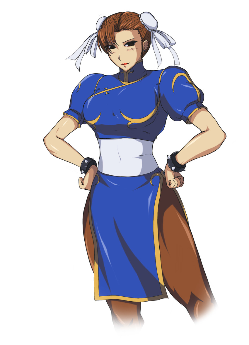 breasts brown_hair capcom china_dress chinese_clothes chinese_dress chun-li dress gureko_rouman highres large_breasts spiral_brain street_fighter