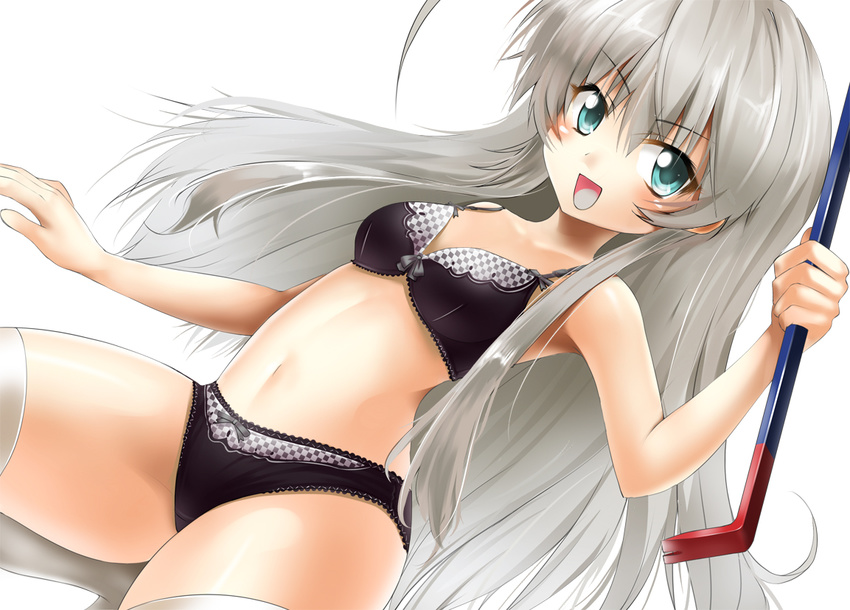 ahoge blush bra checkered crowbar grey_hair haiyore!_nyaruko-san lingerie long_hair mocchi navel nyarlathotep_(nyaruko-san) open_mouth panties shiny shiny_skin smile solo thighhighs underwear underwear_only