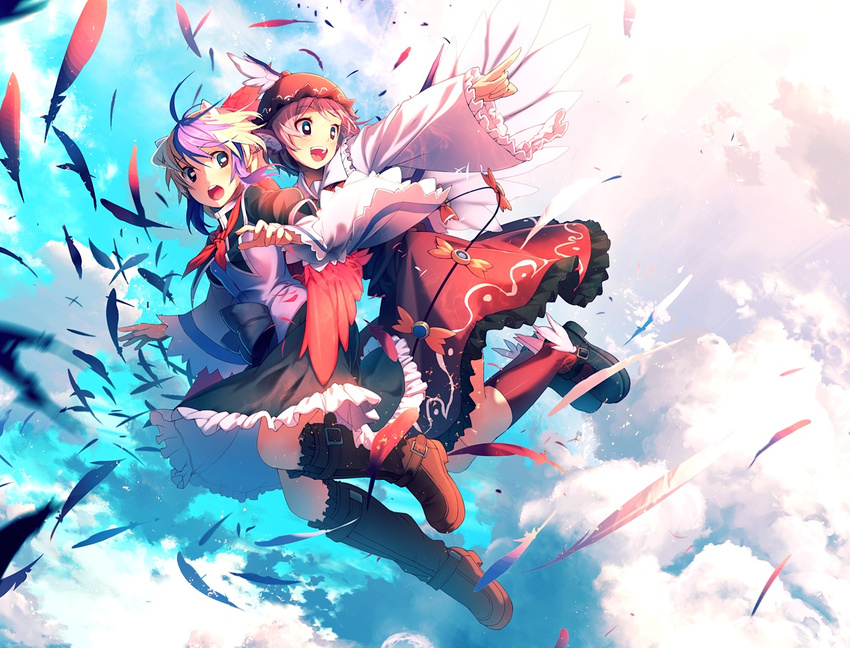 animal_ears blue_sky boots brown_dress brown_eyes brown_legwear cloud dress eho_(icbm) feathers flying hat horns kneehighs multicolored_hair multiple_girls mystia_lorelei neckerchief open_mouth pink_hair pointing purple_hair shirt shoes short_hair silver_hair skirt sky smile tokiko_(touhou) touhou two-tone_hair upskirt wings