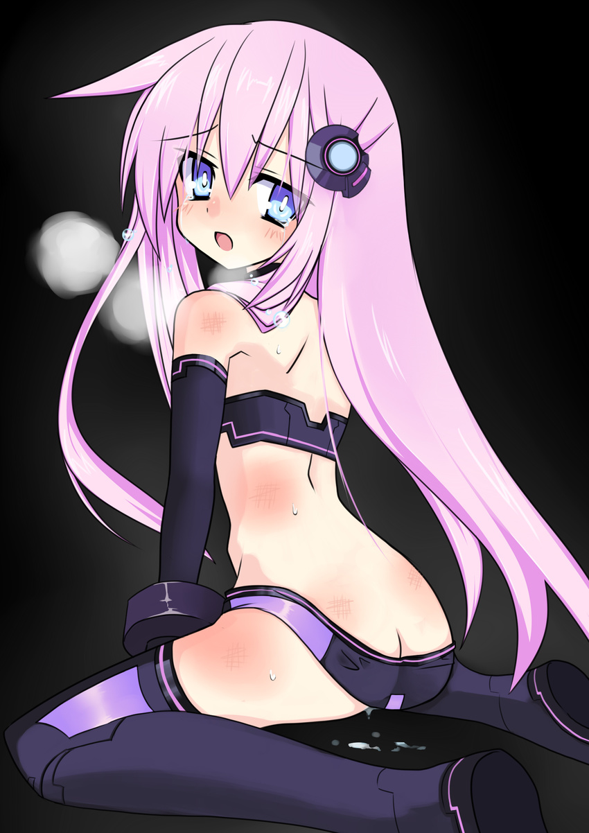 absurdres bare_shoulders black_background blue_eyes blush boots butt_crack choujigen_game_neptune_mk2 from_behind highres looking_back meimu_(infinity) nepgear neptune_(series) open_mouth pink_hair purple_sister simple_background solo sweat tears thigh_boots thighhighs