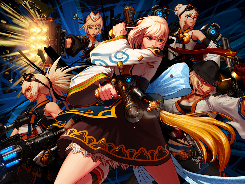 artist_request blonde_hair blue_eyes dress dual_wielding dungeon_and_fighter female_gunner_(dungeon_and_fighter) female_launcher_(dungeon_and_fighter) female_mechanic_(dungeon_and_fighter) female_ranger_(dungeon_and_fighter) female_spitfire_(dungeon_and_fighter) firing highres holding huge_weapon multiple_girls official_art weapon