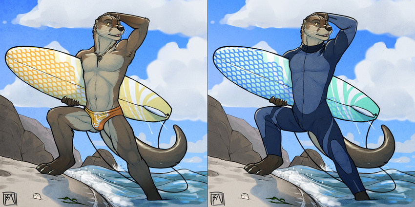 beach bulge ear_piercing eyebrow_piercing facial_piercing kiva looking_at_viewer male mammal mustelid navel navel_piercing necklace otter piercing seaside solo speedo surfboard swimsuit tsaiwolf underwear wetsuit yellow_eyes