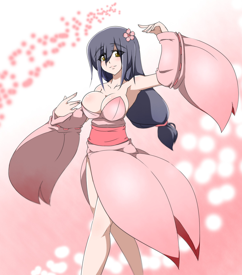 armpits bad_id bad_pixiv_id bare_shoulders black_hair breasts bursting_breasts cleavage dancing detached_sleeves flower hair_ornament highres japanese_clothes kaz_(shade) large_breasts legs long_hair skirt solo standing yellow_eyes