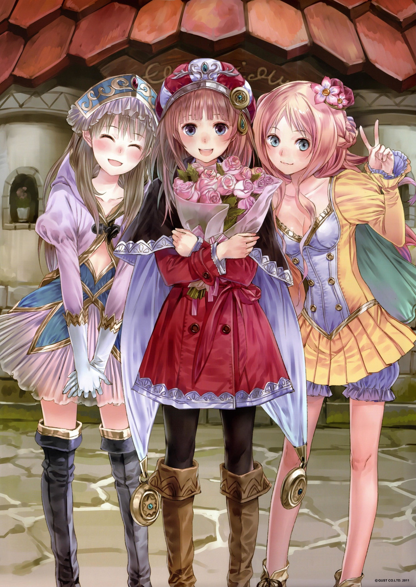 :3 :d absurdres atelier_(series) atelier_meruru atelier_rorona atelier_totori bare_legs black_legwear blonde_hair bloomers blue_eyes boots bouquet breasts brown_hair cleavage closed_eyes coat flower gloves hair_ornament half_updo hat highres kishida_mel knee_boots long_hair looking_at_viewer medium_breasts merurulince_rede_arls multiple_girls object_hug official_art open_mouth pantyhose rororina_fryxell skirt smile thigh_boots thighhighs totooria_helmold underwear v white_gloves zettai_ryouiki