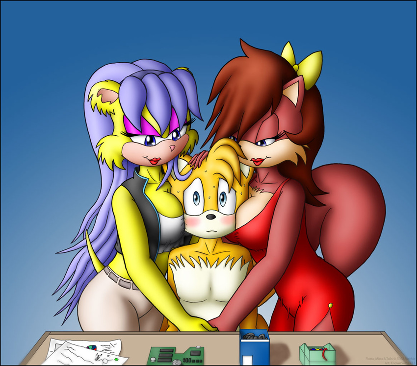 blue_eyes blush breasts brown_hair canine cleavage clothed clothing dress female fiona_fox fox grope hair knownvortex male mammal miles_prower mina_mongoose orange_hair sega smile sonic_(series)