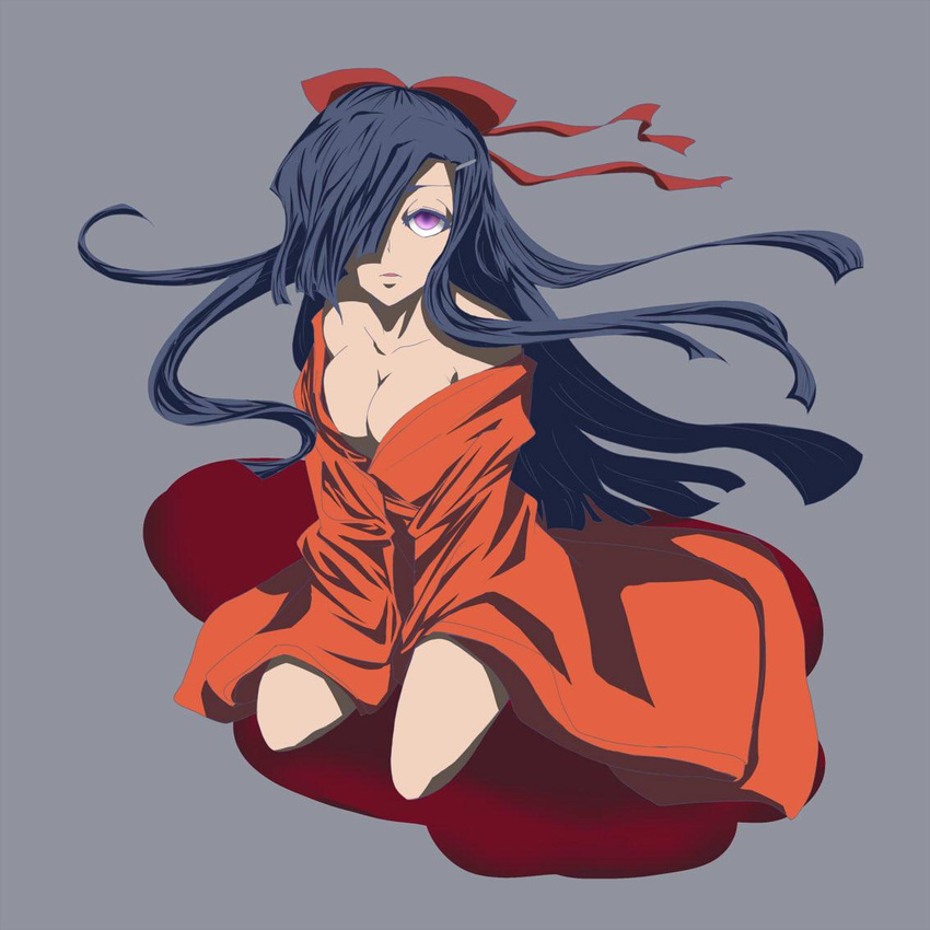 bare_shoulders blood blue_hair bow breasts cleavage hair_bow hair_over_one_eye kasugano_tsubaki long_hair md5_mismatch medium_breasts mirai_nikki off_shoulder open_mouth pool_of_blood purple_eyes ribbon seiza sitting solo very_long_hair wind