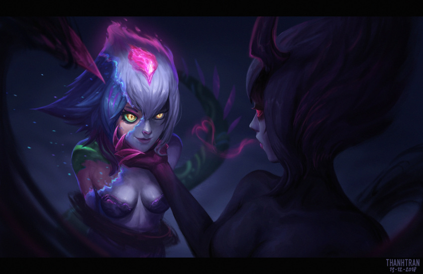 2girls artist_name blue_hair bound breasts chin_grab claws dated demon_girl disguise evelynn green_sclera highres horns league_of_legends lips looking_at_another multicolored multicolored_skin multiple_girls neeko_(league_of_legends) nose pink_sclera short_hair slit_pupils small_breasts smile tran_thanh transformation yellow_eyes yuri