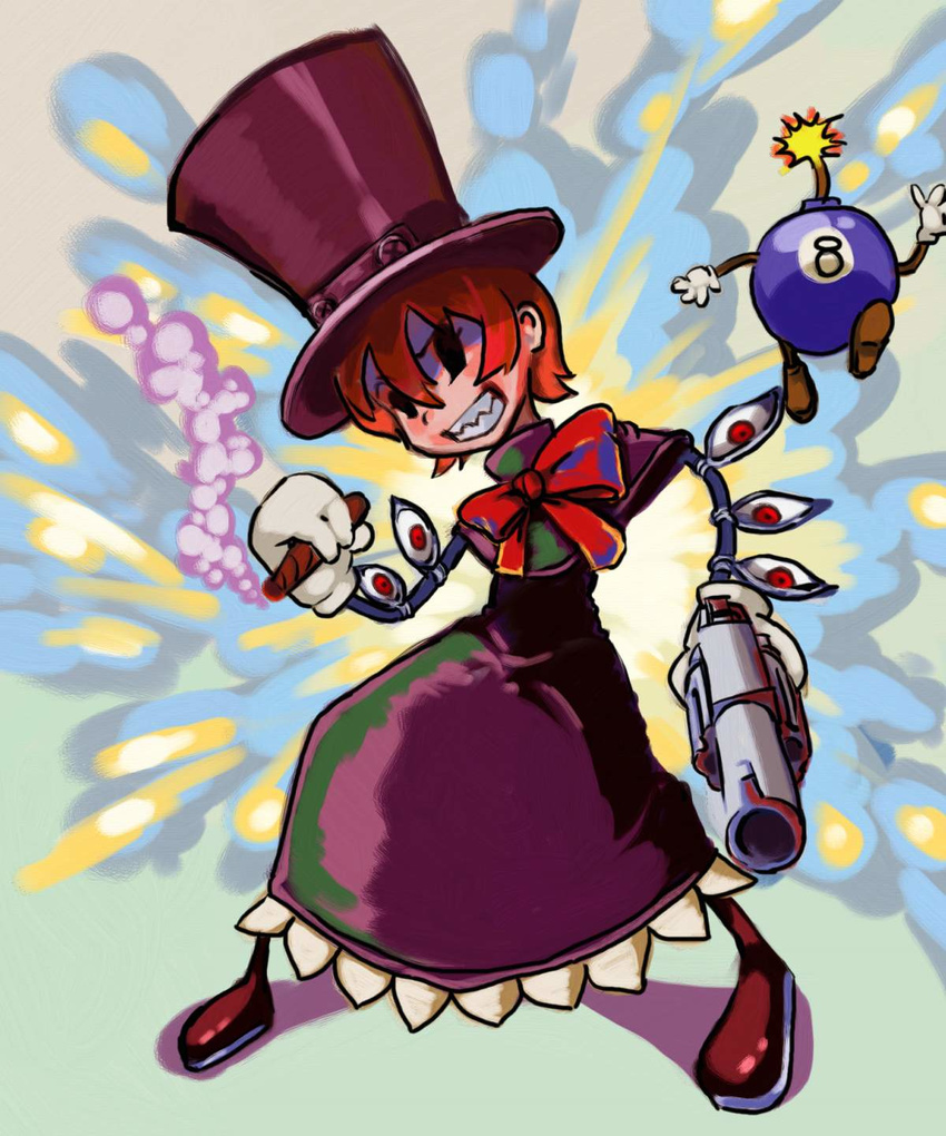 bow cigar george_(skullgirls) george_the_bomb gun hat highres mechanical_arms orange_hair peacock_(skullgirls) ribbon sakanan skullgirls smoke top_hat weapon