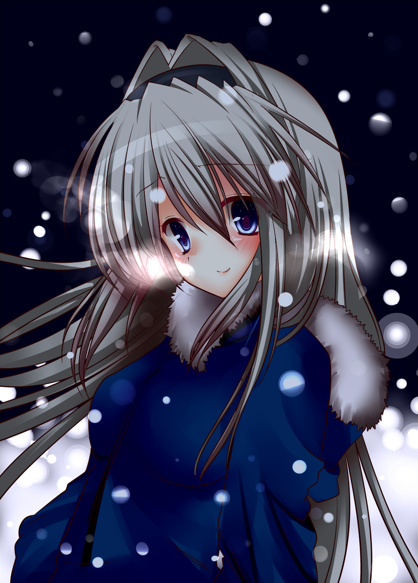 bad_id bad_pixiv_id blue_eyes clannad coat hairband haruta_(806060) highres long_hair sakagami_tomoyo silver_hair snow solo