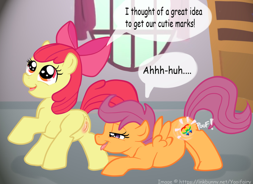 anus apple_bloom_(mlp) applebloom_(mlp) butt cub cutie_mark cutie_mark_crusaders_(mlp) dialog dialogue english_text equine female feral friendship_is_magic hair horse lesbian long_hair mammal my_little_pony pegasus pony pussy red_hair scootaloo_(mlp) smile text tongue tongue_out wing_boner wings yaoifairy young