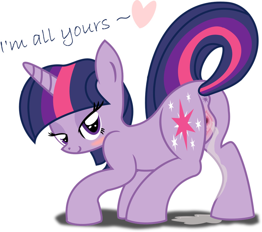 &hearts; &lt;3 absurd_res blush butt cutie_mark drooling egnlish_text english_text equine female feral friendship_is_magic hair hi_res horn horse long_hair looking_at_viewer magic mammal multi-colored_hair my_little_pony pony presenting purple_eyes purple_hair pussy pussy_juice saliva solo text twilight_sparkle_(mlp) unicorn