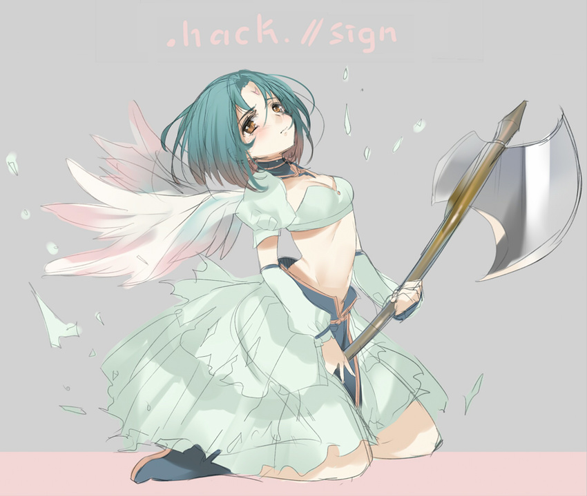 .hack//sign 1girl angel_wings aqua_hair axe breasts brown_eyes cleavage copyright_name detached_sleeves kippu kneeling medium_breasts midriff navel short_hair simple_background sketch solo subaru_(.hack//) weapon wings