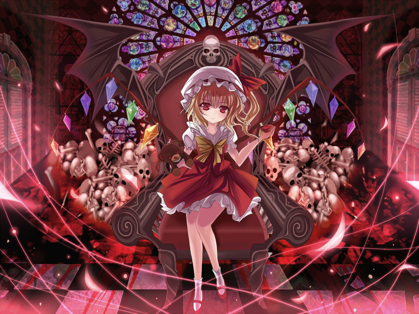 bad_deviantart_id bad_id bat_wings blonde_hair blood bone crystal cup cupping_glass flandre_scarlet glowing glowing_eyes hat hat_ribbon highres marionette_(excle) red_eyes ribbon short_hair side_ponytail skull solo stained_glass stuffed_animal stuffed_toy teddy_bear throne touhou wings