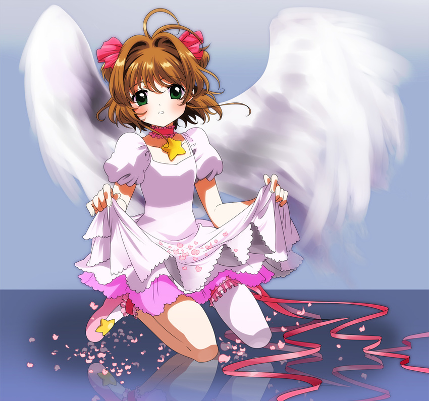 ageha brown_hair cardcaptor_sakura cherry_blossoms choker dress dress_lift full_body green_eyes highres kinomoto_sakura magical_girl petals pink_choker short_hair single_thighhigh star star_choker thighhighs twintails wings