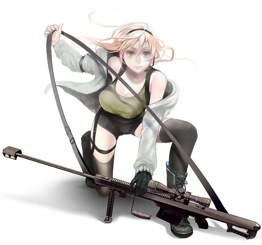 anti-materiel_rifle bare_shoulders barrett_m82 black_legwear blue_eyes boots breasts cleavage gloves gun headset heterochromia highres jacket large_breasts lips long_hair nicole_pmonachi original pink_hair rifle short_shorts shorts simple_background single_glove sniper_rifle solo strap thighhighs weapon yellow_eyes