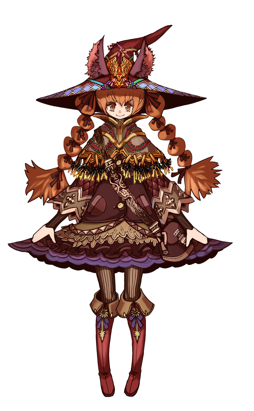 animal_ears boots braid braids brown_eyes brown_hair hat highres kansou_samehada kansousamehada original pantyhose simple_background smile stiped_pantyhose striped striped_legwear striped_pantyhose witch witch_hat