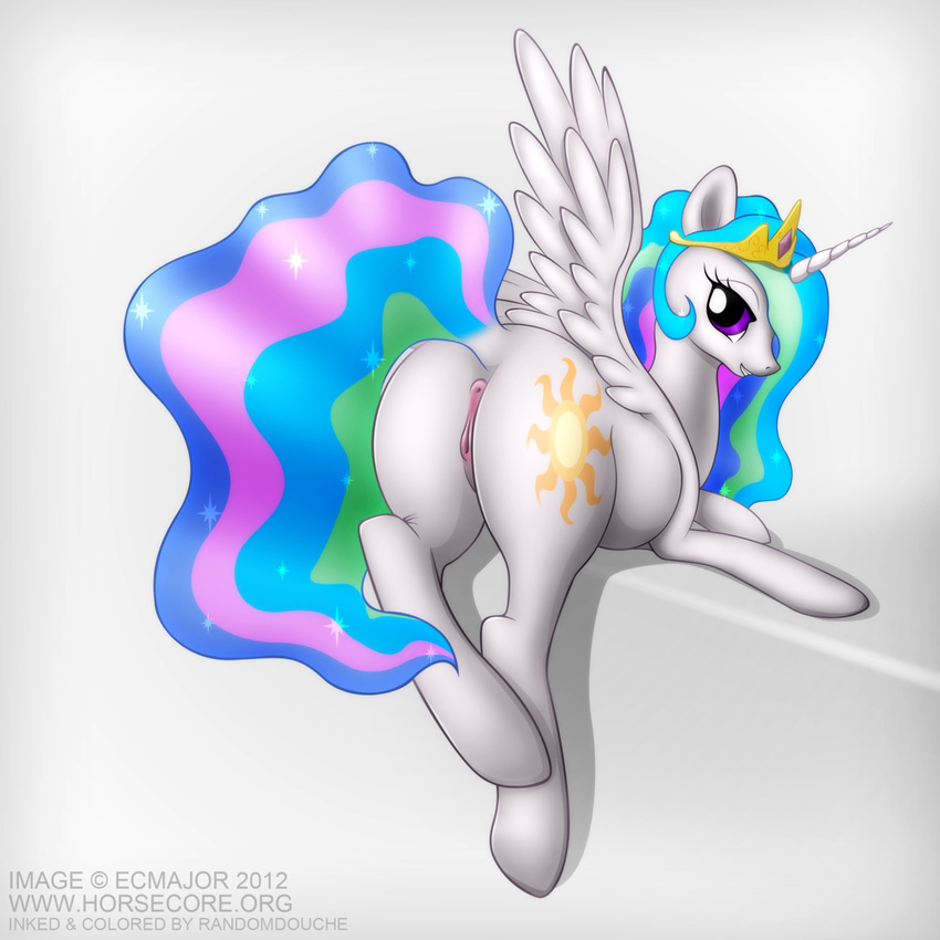 anatomically_correct anatomically_correct_pussy animal_genitalia anus butt crown cutie_mark ecmajor equine equine_pussy female feral friendship_is_magic hair horn horse long_hair looking_at_viewer looking_back mammal multi-colored_hair my_little_pony pony presenting presenting_hindquarters presenting_pussy princess princess_celestia_(mlp) pussy raised_tail randomdouche royalty signature solo winged_unicorn wings