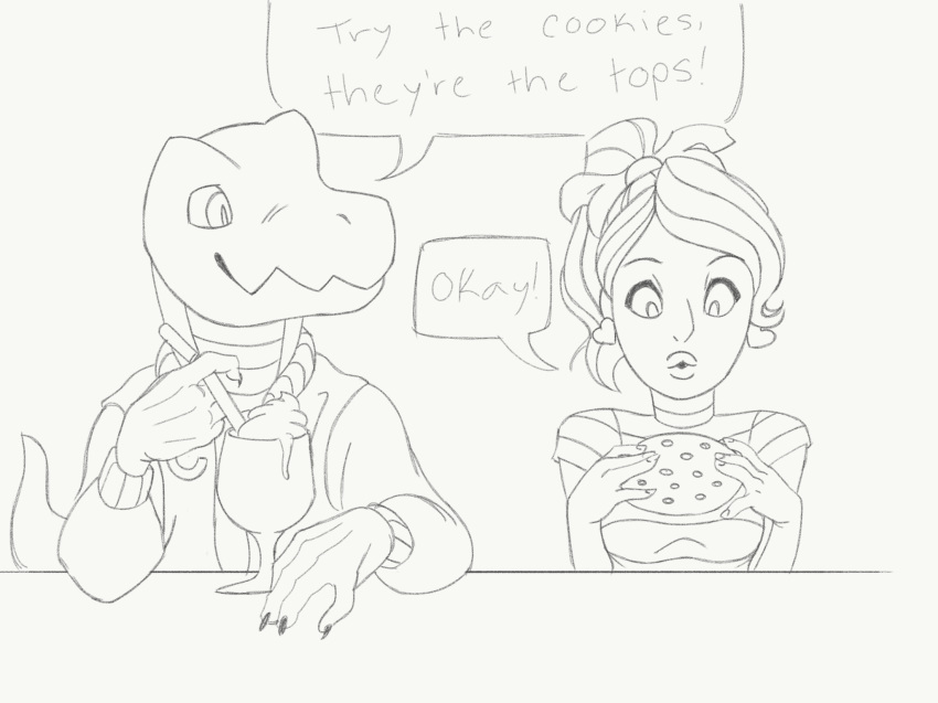 anthro black_and_white claws clothing cookie female food goosebumps hi_res human ice_cream_float lizard male mammal monochrome reptile scalie unknown_artist