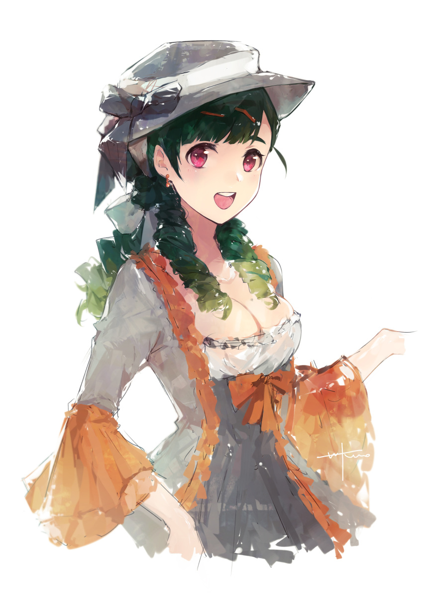 1girl :d absurdres bangs black_bow black_hair bow breasts cleavage dress drill_hair earrings frilled_dress frills g28_(girls_frontline) girls_frontline gradient_hair green_hair grey_dress grey_hat hair_bow hair_ornament hairclip hand_up hat hat_bow hei_chuan_gui highres jewelry long_hair long_sleeves looking_at_viewer low_ponytail medium_breasts multicolored_hair open_mouth red_eyes round_teeth signature simple_background sketch smile solo tareme teeth upper_body upper_teeth white_background white_bow wide_sleeves