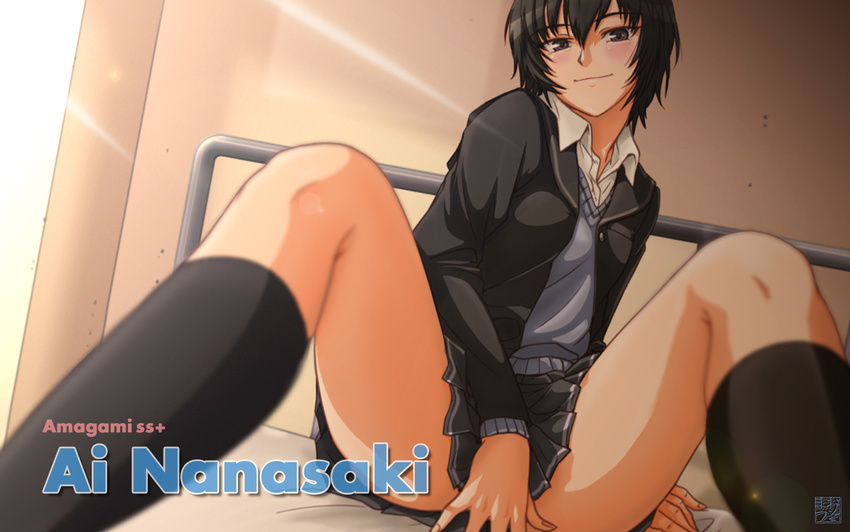 amagami bad_id bad_pixiv_id black_hair blurry blush brown_eyes cardigan character_name copyright_name covering covering_crotch depth_of_field infirmary kibito_high_school_uniform nanasaki_ai naughty_face on_bed osomatu-sama school_uniform short_hair sitting skirt smirk solo spread_legs sunlight sweater_vest