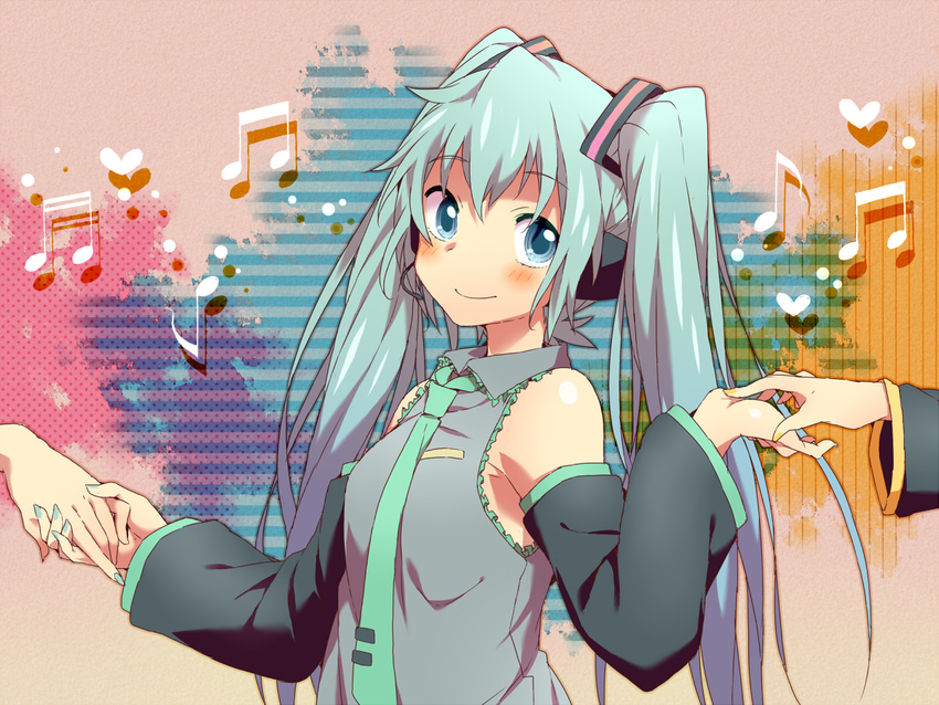 aqua_eyes aqua_hair bare_shoulders detached_sleeves hatsune_miku headset holding_hands long_hair musical_note necktie purasu_no_konbu smile twintails vocaloid