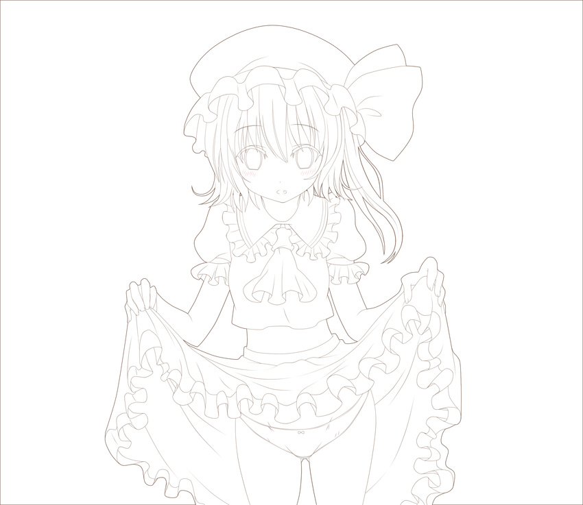 absurdres ascot flandre_scarlet haruki_(colorful_macaron) hat highres lineart looking_at_viewer midriff monochrome panties short_hair side_ponytail skirt skirt_lift solo touhou transparent_background underwear wings