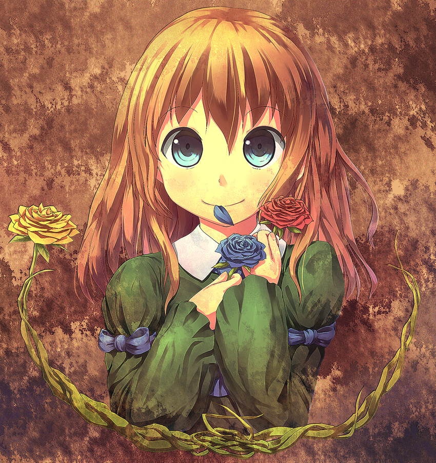 blonde_hair blue_eyes blue_flower blue_rose flower highres ib mary_(ib) muneyuki ribbon rose smile solo