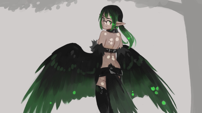 1girl back bare_shoulders bird_tail black_hair collar commentary earrings english_commentary feathered_wings from_behind fusion glasses gradient_hair green_eyes green_hair grey_background harpy harpy_(monster_girl_encyclopedia) heart heart_earrings highres jewelry long_hair looking_at_viewer looking_back monster_girl monster_girl_encyclopedia multicolored_hair original paintrfiend pointy_ears rectangular_eyewear simple_background smile solo tharkis twintails winged_arms wings