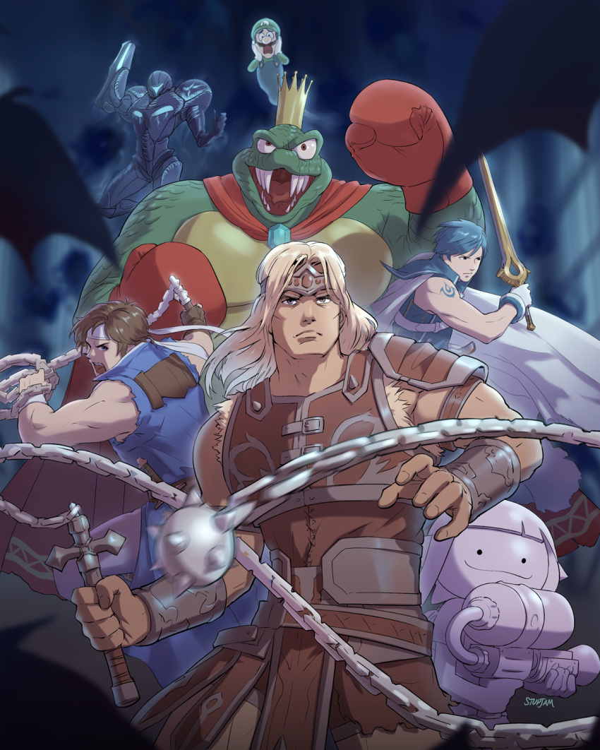 alien blue_hair boxing_gloves brown_hair castlevania chrom crocodile crocodilian crown dark_samus ditto donkey_kong_(series) fire_emblem ghost goo_creature hair human inkling king_k_rool konami luigi mammal mario_bros melee_weapon metroid nintendo pok&eacute;mon pok&eacute;mon_(species) purple_skin reptile richter_belmont scalie simon_belmont spirit splatoon stupjam super_smash_bros sword video_games weapon whip