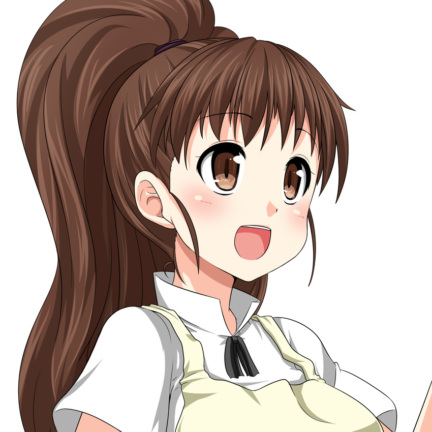 blush brown_eyes brown_hair face highres miki_purasu open_mouth ponytail portrait smile solo taneshima_popura uniform white_background working!!